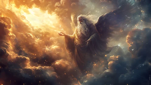 Winged elder figure in luminous celestial cloudscape.