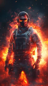 Fearless masked soldier standing strong in glowing flames.