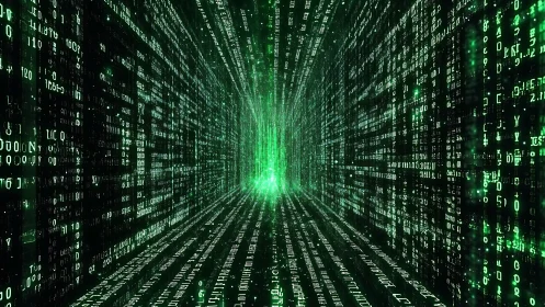 Green digital code tunnel with data matrix perspective.