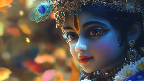 Divine blue portrait glows amid warm, ethereal bokeh light