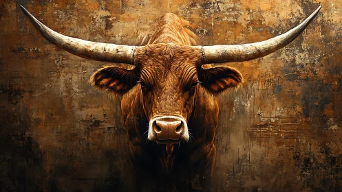 Longhorn bull portrait against textured rustic wall.