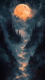 Fiery moon above misty canyon with glowing river path.