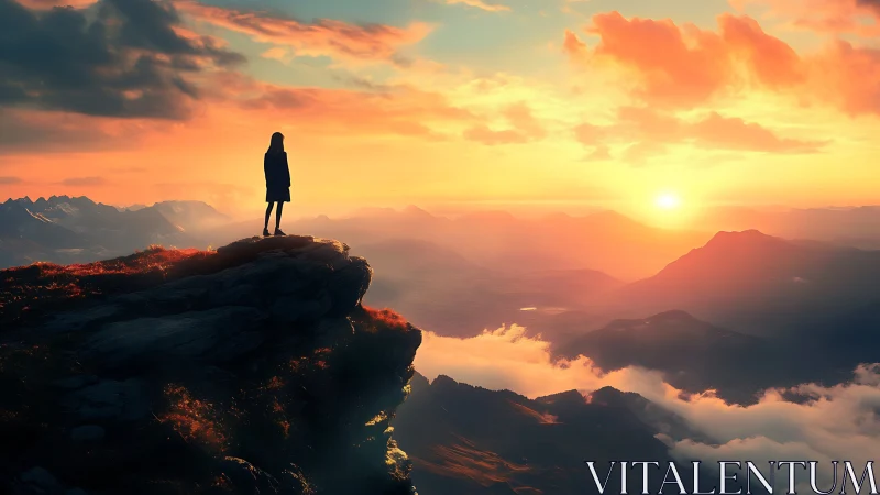 Silhouetted hiker overlooks radiant mountain sunrise vista.