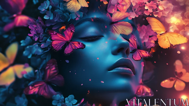 Neon-lit female visage immersed in luminous butterflies and floral bokeh