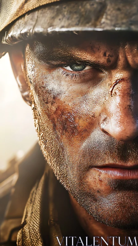 Battle hardened soldier close-up with dirt and scars.