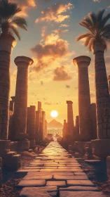 Ancient Egyptian temple avenue glows in a golden sunset.