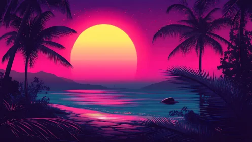 Neon coastal sunset with palm silhouettes and calm water.