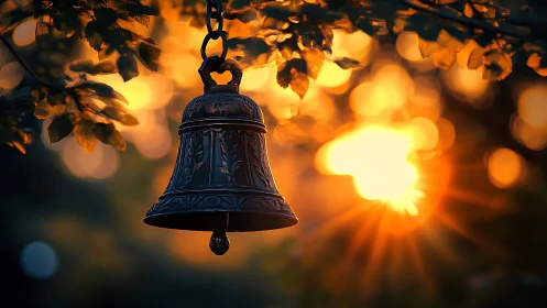 Bronze garden bell in warm sunset bokeh illumination.