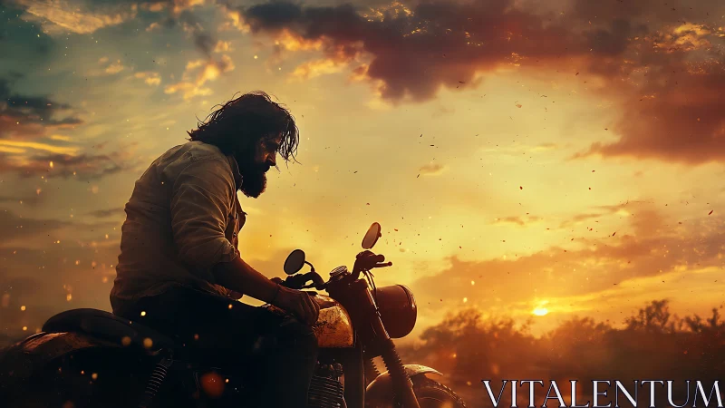 Solitary biker silhouette against blazing sunset sky.