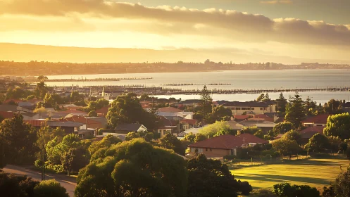 Coastal suburban housing overlooks a calm bay at sunset