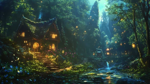 Enchanted woodland cottage illuminated by bioluminescent fireflies