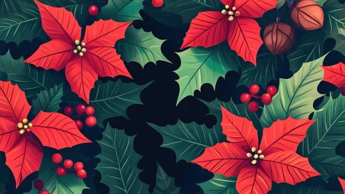 Cozy poinsettias and holly leaves in festive holiday bloom.