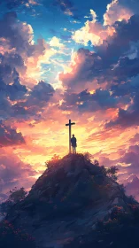 Silhouetted figure stands by hillside cross under vivid sunset