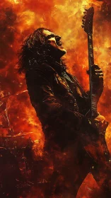 Firelit rock guitarist in blazing, dynamic performance scene.