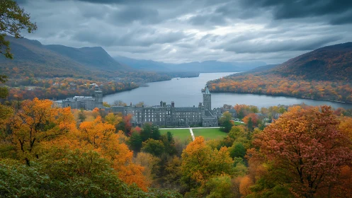 Riverside academy complex framed by dramatic autumn hills.