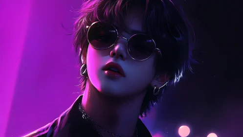 Neon-lit portrait in stylized digital painting chiaroscuro.
