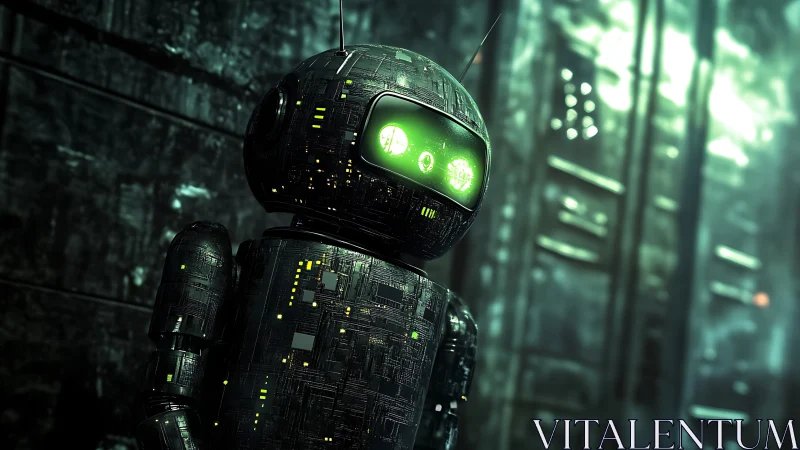 Neon-eyed service droid stands in dim cyberpunk corridor