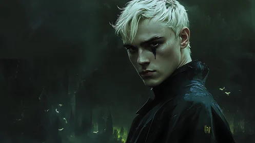 Bleached haired antihero over brooding emerald cityscape.