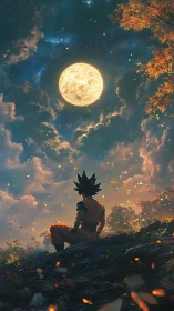 Lone anime warrior observing a bright full moon sky.