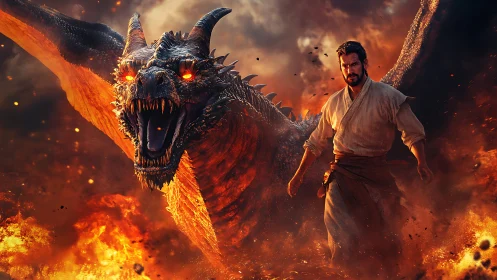 Fire dragon roars beside armored warrior in burning landscape
