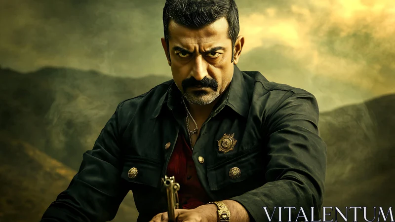 Intense officer aims forward against stormy golden sky