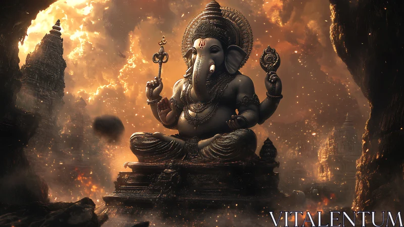 Majestic Ganesha statue rests calmly in glowing temple ruins