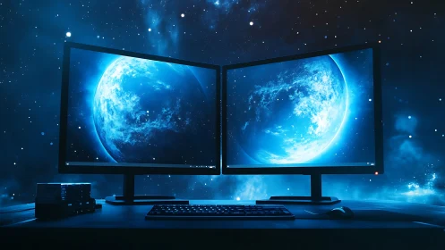 Dual-monitor space workstation renders synchronized blue planet