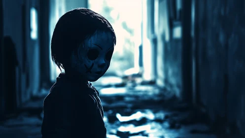 Masked child silhouette in desaturated blue abandoned corridor.