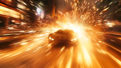 Sports car races through city street in fiery explosion.
