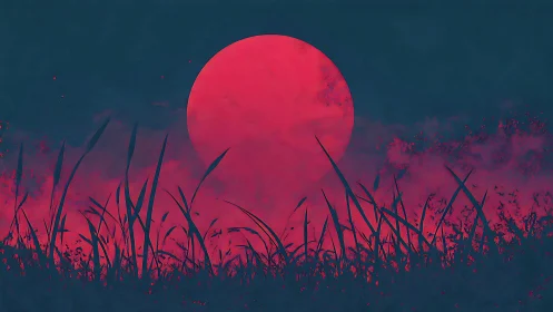 Crimson lunar disc silhouettes high grasses in nocturnal contrast