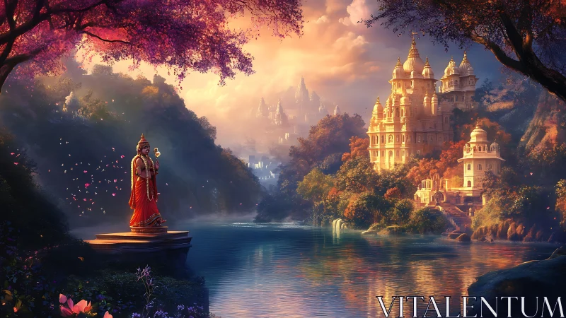 River mist cradles a glowing temple and silent crimson deity