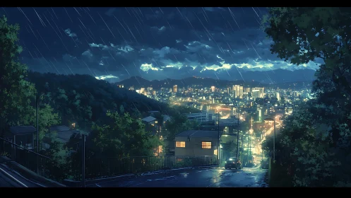 Rainy hillside road overlooks glowing night city skyline