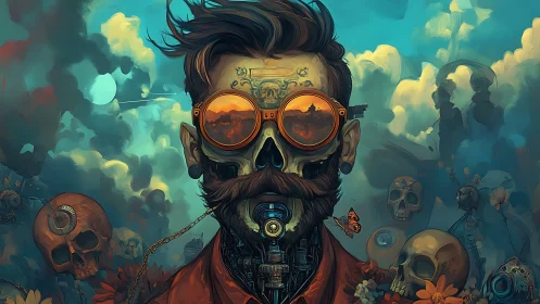 Cybernetic skull portrait with orange goggles and dystopian sky