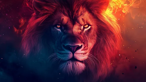 Fiery lion portrait divides frame with cool cosmic shadow