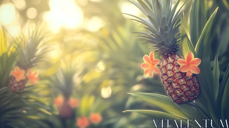 Sunlit pineapple garden with playful tropical blossoms.