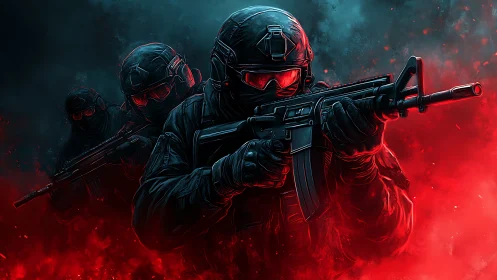 Crimson shadow squad advancing through neon warfog.