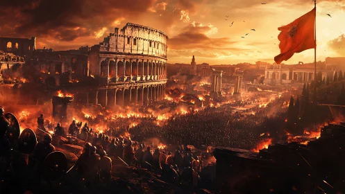 Burning Colosseum dominates Rome amid chaotic siege at dusk.