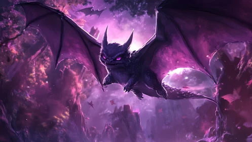 Midnight forest dragon-bat gliding through violet starlight.