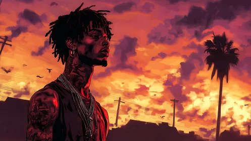 Urban portrait silhouette contrasts against incendiary sunset sky