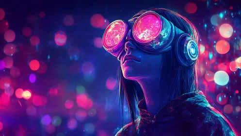 Neon dream diver gazes through galactic cyberpunk goggles