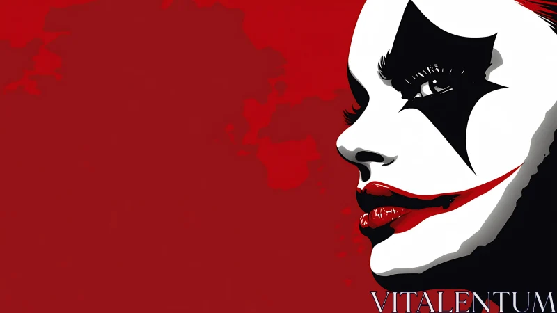 Crimson jester gaze carved in stark shadow and wicked red.