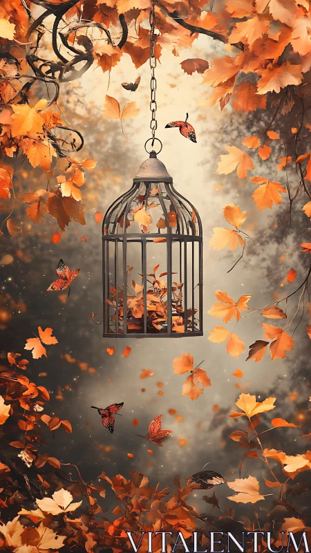 Autumn cage hangs amid swirling leaves and butterflies