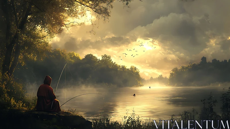 Solitary hooded figure fishing beside misty river at dawn.