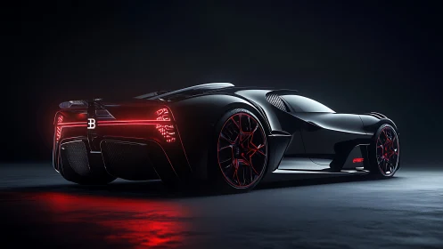 Rear-quarter render of black hypercar with emissive red lighting.