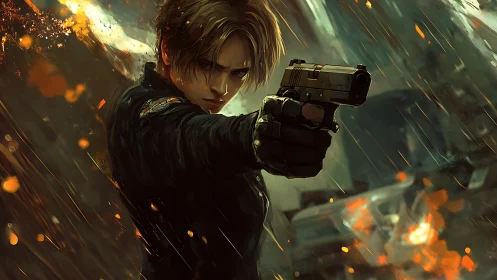 Dynamic digital painting of tactical agent amid urban firefight.