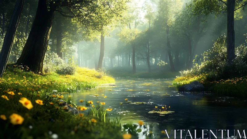 Sunlit Forest Stream Among Ancient Trees.