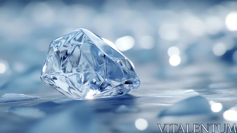 Photorealistic faceted ice crystal on cool bokeh plane.