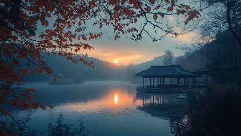 Lakeside pavilion at misty sunrise with autumn foliage glow.