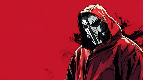 Mysterious masked figure in a bold crimson hooded jacket.