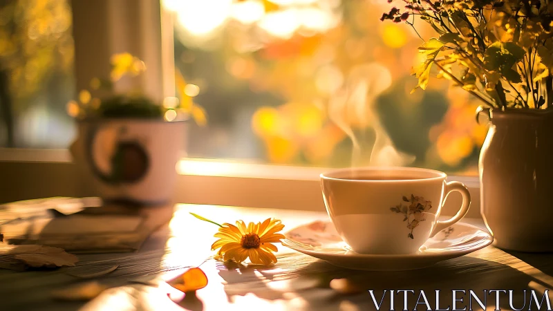 Photorealistic autumn still life with steaming teacup by window.